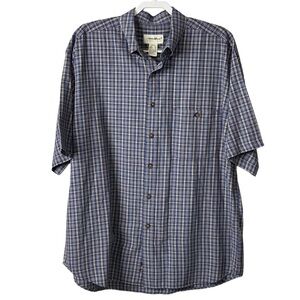 Eddie Bauer Mens Cotton Collared Short Sleeve Shirt Plaid Blue Gray Sz XL‎